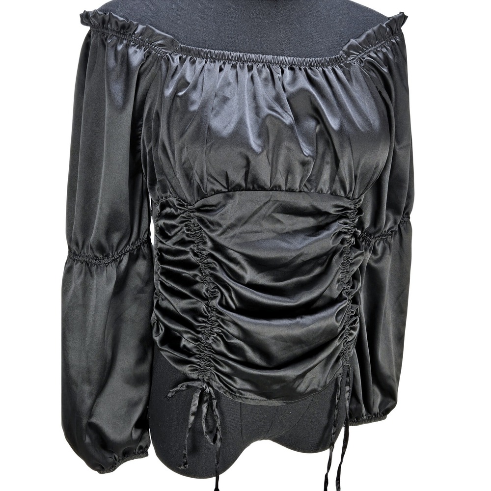 Women's Crave Fame Large Black Ruched Off-Shoulder Satin Blouse Goth Peasant Top